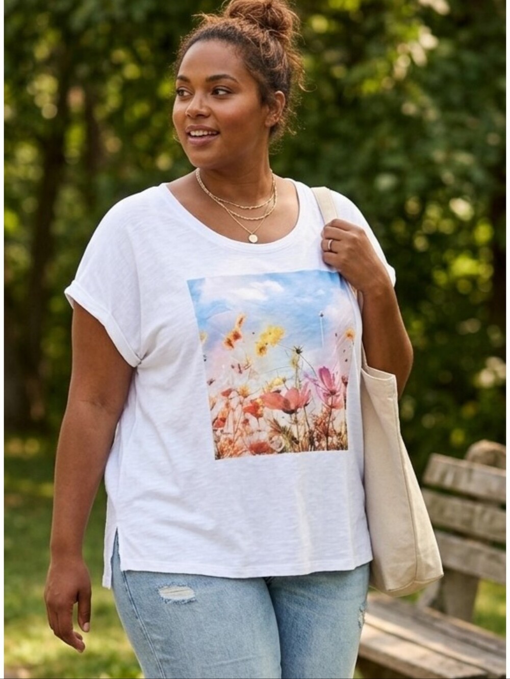 Cato Short Cap Sleeve Wildflower Graphic Tee White Size XL